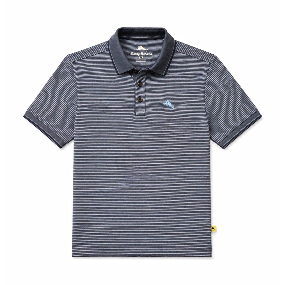 Tommy Bahama Men’s S Gray/White Striped Knit Polo Short Sleeve Lightweight